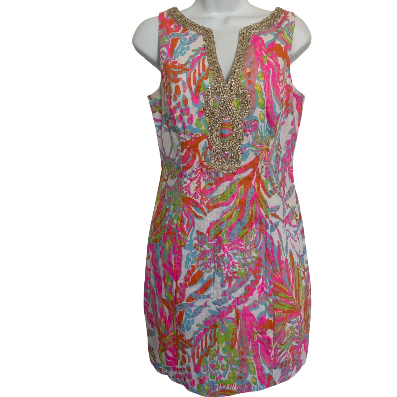 Lilly Pulitzer Size 6 Tropical Print Shift Dress Gold Trim Sleeveless